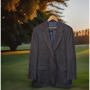 London Fog Tweed Blazer Men 44R Gray Herringbone Old Money Sophisticated‎